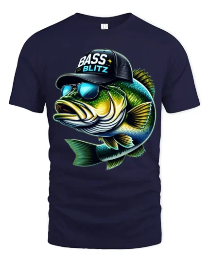 Bass Blitz Cool Fishing Bass With Sunglasses Graphic T Shirt - navy t-shirt on white background