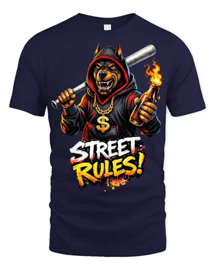 Street Rules Angry Doberman Urban Graffiti Graphic T Shirt - navy t-shirt on white background