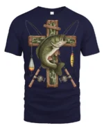 Vintage Bass Fishing Cross Angler Graphic Outdoor T Shirt - navy t-shirt on white background