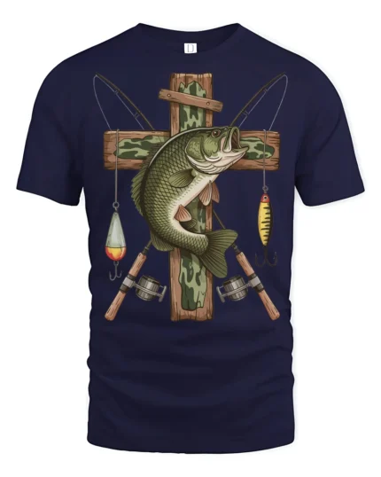 Vintage Bass Fishing Cross Angler Graphic Outdoor T Shirt - navy t-shirt on white background