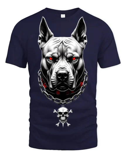 Fierce Pitbull With Skull Chain Dark Street Graphic T Shirt - navy t-shirt on white background