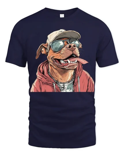 Cool Pitbull Dog With Sunglasses Urban Style Graphic T Shirt - navy t-shirt on white background