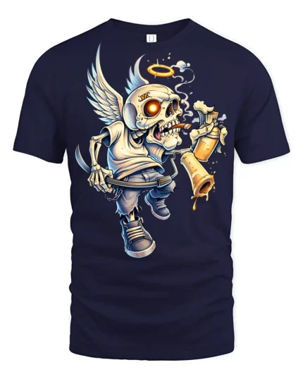 Angel Skull Drinking Beer Funny Party Skeleton Graphic T Shirt - navy t-shirt on white background