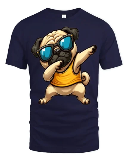 Funny Dabbing Pug With Sunglasses Cool Cartoon Graphic T Shirt - navy t-shirt on white background