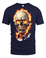 Flaming Skull Fire Eyes Dark Horror Graphic T Shirt - navy t-shirt on white background