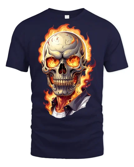 Flaming Skull Fire Eyes Dark Horror Graphic T Shirt - navy t-shirt on white background