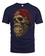 Bearded Skull With Red Cap Rebel Biker Graphic T Shirt - navy t-shirt on white background