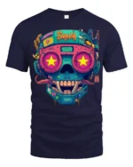 Neon Cyberpunk Skull With Star Eyes Retro Futuristic Graphic T Shirt - navy t-shirt on white background