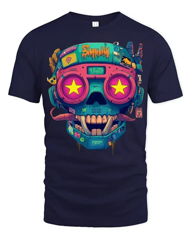 Neon Cyberpunk Skull With Star Eyes Retro Futuristic Graphic T Shirt - navy t-shirt on white background