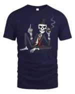 Gangster Skeleton With Cigar Dark Humor Graphic T Shirt - navy t-shirt on white background