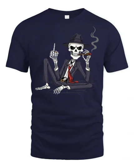 Gangster Skeleton With Cigar Dark Humor Graphic T Shirt - navy t-shirt on white background