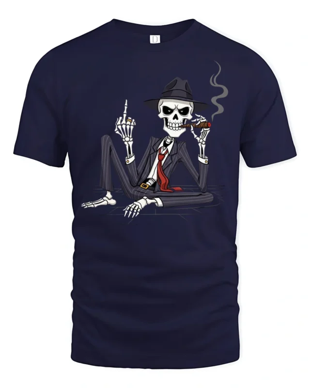 Gangster Skeleton With Cigar Dark Humor Graphic T Shirt - navy t-shirt on white background