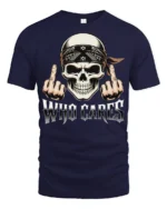 Who Cares Skull Rebel Attitude Graphic Biker Style T Shirt - navy t-shirt on white background