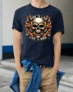 Ride To Live Live To Ride Flaming Skull Biker Graphic T Shirt - model wearing navy tee with hands in pockets