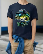 Bass Blitz Cool Fishing Bass With Sunglasses Graphic T Shirt - model wearing navy tee with hands in pockets