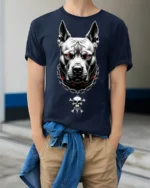 Fierce Pitbull With Skull Chain Dark Street Graphic T Shirt - model wearing navy tee with hands in pockets