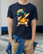 Funny Dabbing Pug With Sunglasses Cool Cartoon Graphic T Shirt - model wearing navy tee with hands in pockets