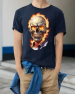 Flaming Skull Fire Eyes Dark Horror Graphic T Shirt - model wearing navy tee with hands in pockets