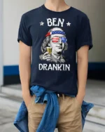 Ben Drankin Funny Benjamin Franklin Party Graphic T Shirt - model wearing navy tee with hands in pockets