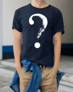 Mysterious Skull Question Mark Dark Humor Graphic T Shirt - model wearing navy tee with hands in pockets