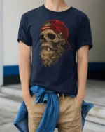 Bearded Skull With Red Cap Rebel Biker Graphic T Shirt - model wearing navy tee with hands in pockets