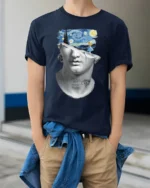 Surreal Starry Mind Sculpture Dream Art Graphic T Shirt - model wearing navy tee with hands in pockets