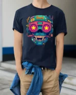 Neon Cyberpunk Skull With Star Eyes Retro Futuristic Graphic T Shirt - model wearing navy tee with hands in pockets