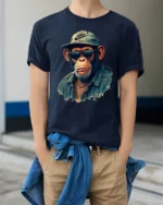 Cool Monkey With Sunglasses Street Style Funny Graphic T Shirt - model wearing navy tee with hands in pockets