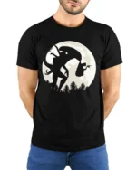 Creepy Mothman Cryptid Legend Moon Silhouette Graphic T Shirt - model wearing black tee with hands behind back