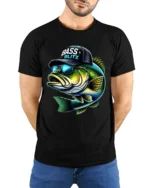 Bass Blitz Cool Fishing Bass With Sunglasses Graphic T Shirt - model wearing black tee with hands behind back