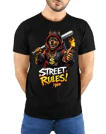 Street Rules Angry Doberman Urban Graffiti Graphic T Shirt - model wearing black tee with hands behind back