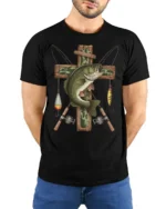 Vintage Bass Fishing Cross Angler Graphic Outdoor T Shirt - model wearing black tee with hands behind back