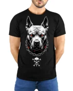 Fierce Pitbull With Skull Chain Dark Street Graphic T Shirt - model wearing black tee with hands behind back