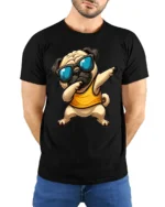 Funny Dabbing Pug With Sunglasses Cool Cartoon Graphic T Shirt - model wearing black tee with hands behind back