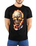 Flaming Skull Fire Eyes Dark Horror Graphic T Shirt - model wearing black tee with hands behind back