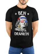 Ben Drankin Funny Benjamin Franklin Party Graphic T Shirt - model wearing black tee with hands behind back