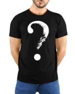 Mysterious Skull Question Mark Dark Humor Graphic T Shirt - model wearing black tee with hands behind back
