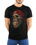 Bearded Skull With Red Cap Rebel Biker Graphic T Shirt - model wearing black tee with hands behind back