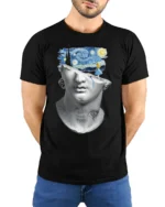 Surreal Starry Mind Sculpture Dream Art Graphic T Shirt - model wearing black tee with hands behind back