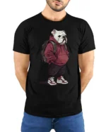 Cool Bulldog Streetwear Backpack Urban Dog Graphic T Shirt - model wearing black tee with hands behind back
