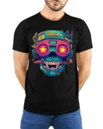 Neon Cyberpunk Skull With Star Eyes Retro Futuristic Graphic T Shirt - model wearing black tee with hands behind back
