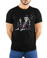 Gangster Skeleton With Cigar Dark Humor Graphic T Shirt - model wearing black tee with hands behind back