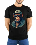 Cool Monkey With Sunglasses Street Style Funny Graphic T Shirt - model wearing black tee with hands behind back