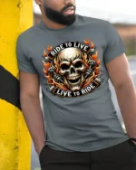 Ride To Live Live To Ride Flaming Skull Biker Graphic T Shirt - model wearing grey tee, leaning on column