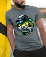 Bass Blitz Cool Fishing Bass With Sunglasses Graphic T Shirt - model wearing grey tee, leaning on column