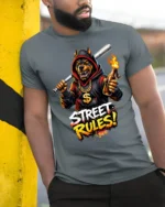 Street Rules Angry Doberman Urban Graffiti Graphic T Shirt - model wearing grey tee, leaning on column