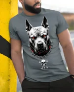 Fierce Pitbull With Skull Chain Dark Street Graphic T Shirt - model wearing grey tee, leaning on column