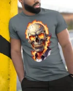 Flaming Skull Fire Eyes Dark Horror Graphic T Shirt - model wearing grey tee, leaning on column