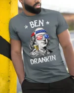 Ben Drankin Funny Benjamin Franklin Party Graphic T Shirt - model wearing grey tee, leaning on column
