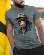 Cool Monkey With Sunglasses Street Style Funny Graphic T Shirt - model wearing grey tee, leaning on column